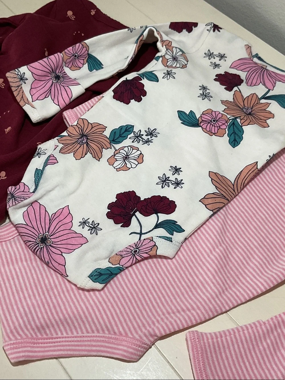 Carter's Long-Sleeve Bodysuit Set - Pink, Burgundy & White Floral NWOT